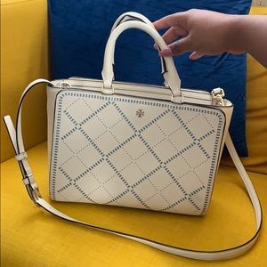 Tory Burch cream and blue bag!